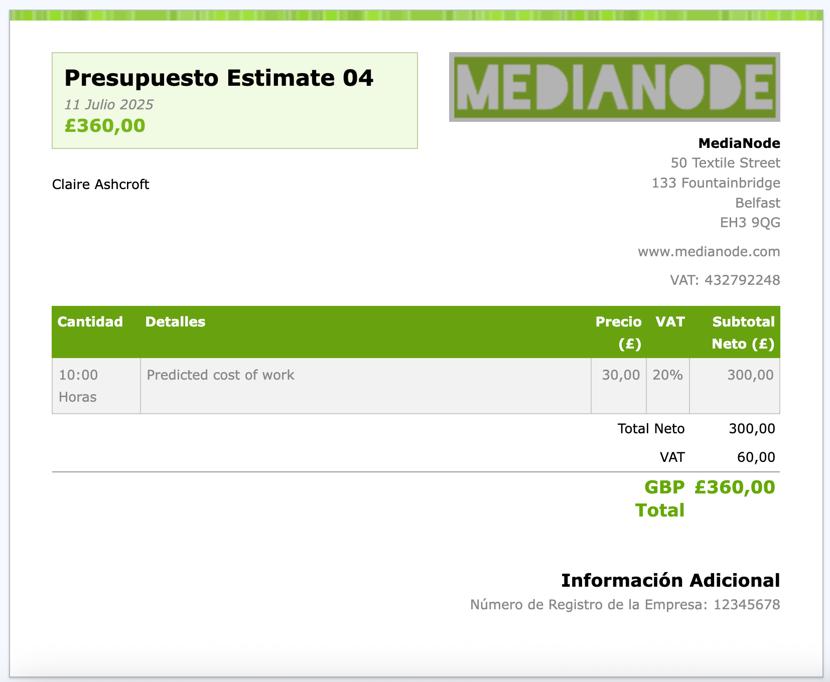 Estimate generated in foreign language.