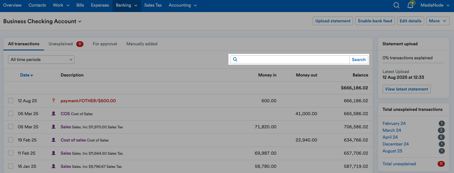 Search bar highlighted above list of transactions.