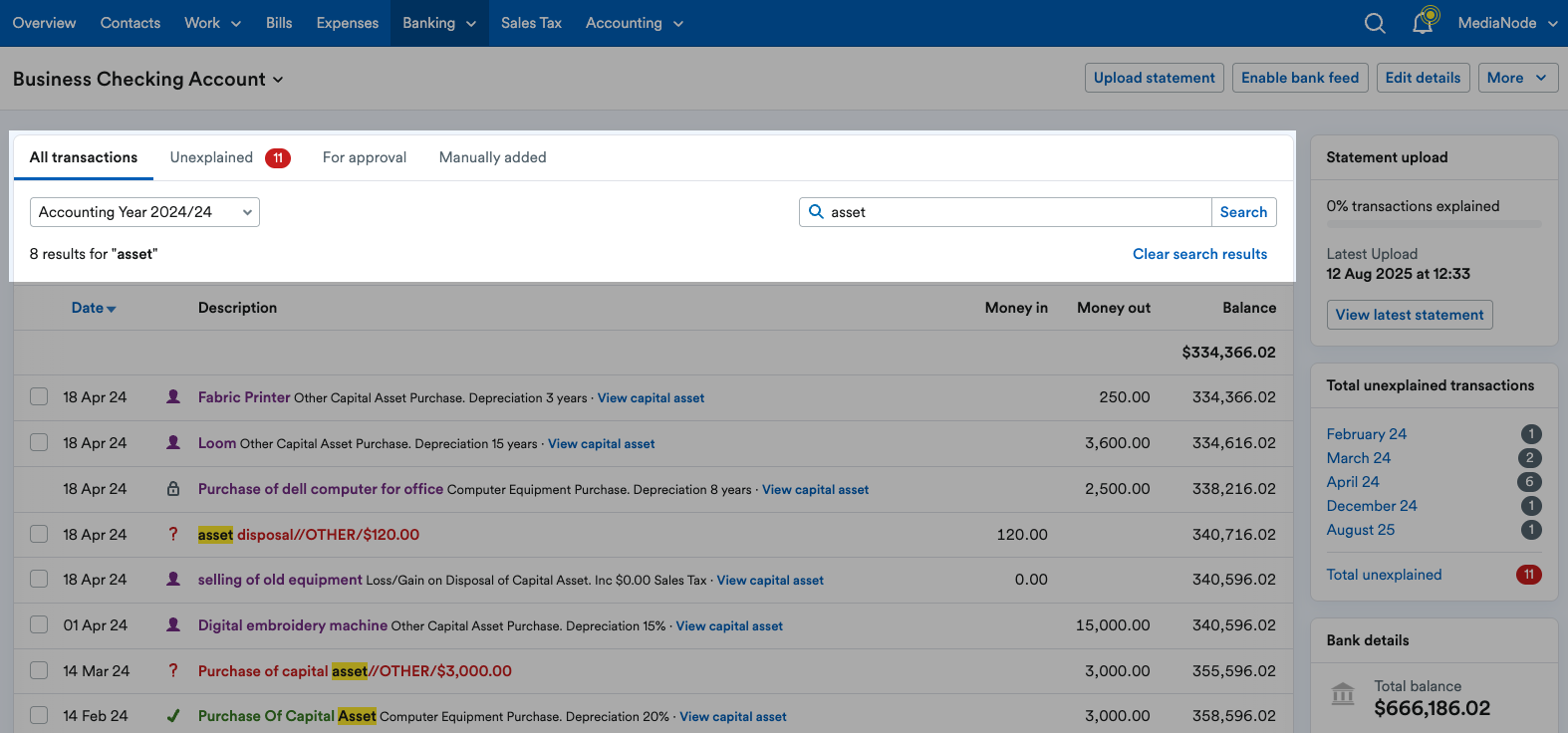 Search bar and accounting year filter highlighted.