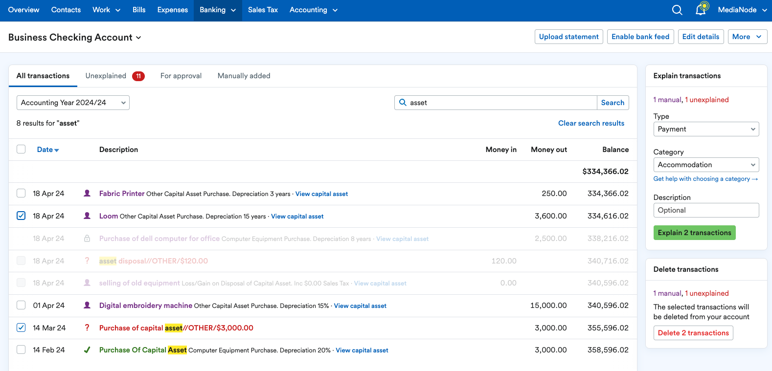 Multiple transactions selected from search results for explanation.