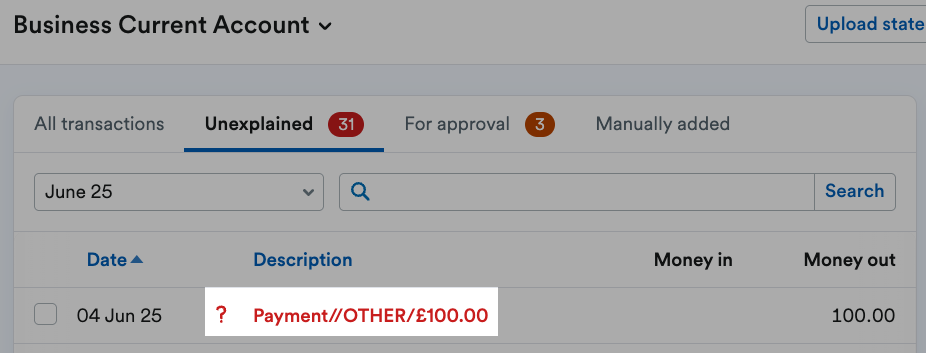 Bank transaction description highlighted