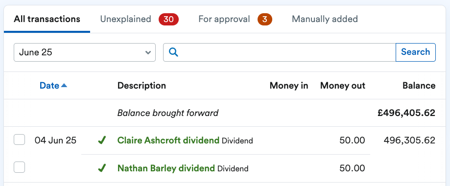 Bank transaction split between multiple shareholders