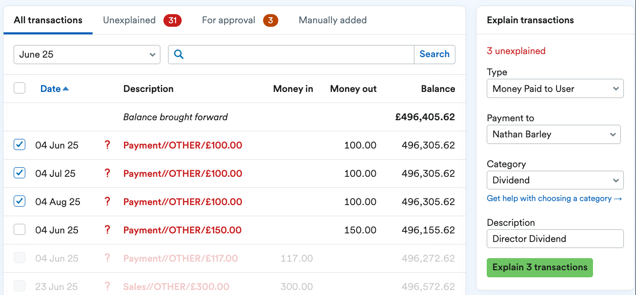 Multiple transactions selected to explain