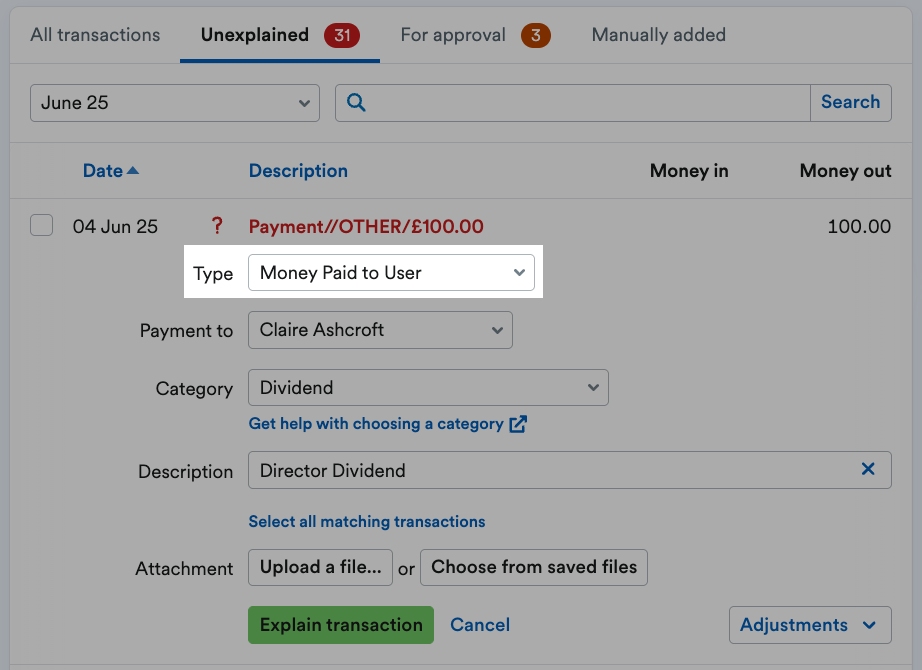 Money Paid to User selected as the transaction Type