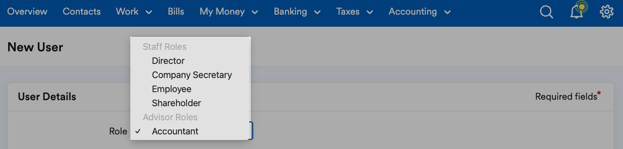 Accountant selected from the Role drop-down menu