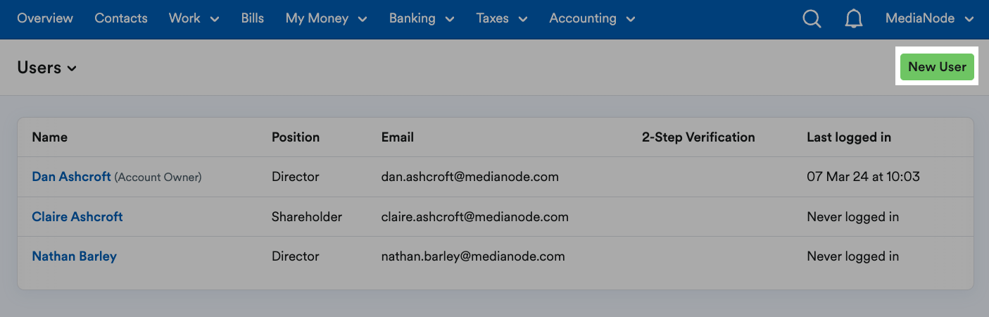 ‘New User’ button highlighted within the Users page.