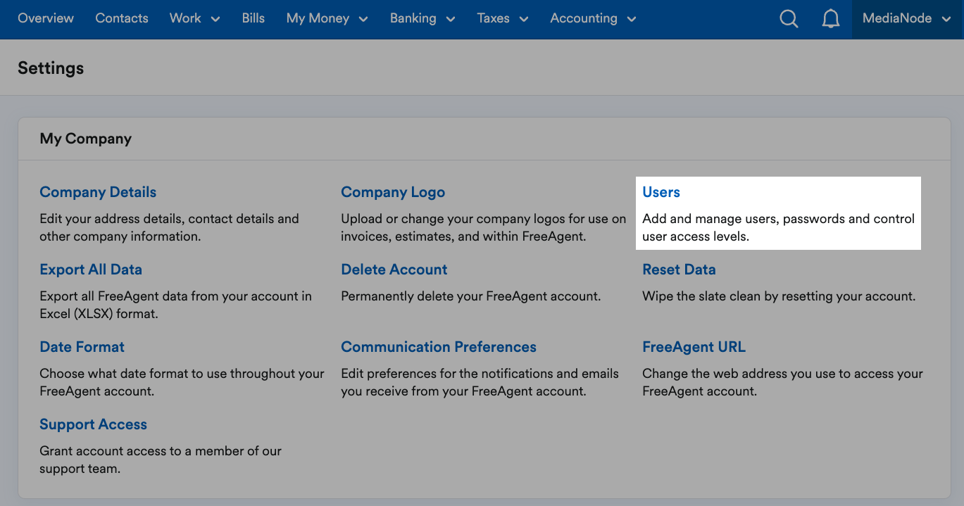 ‘Users’ button highlighted within the ‘My Company’ section of the Settings page.