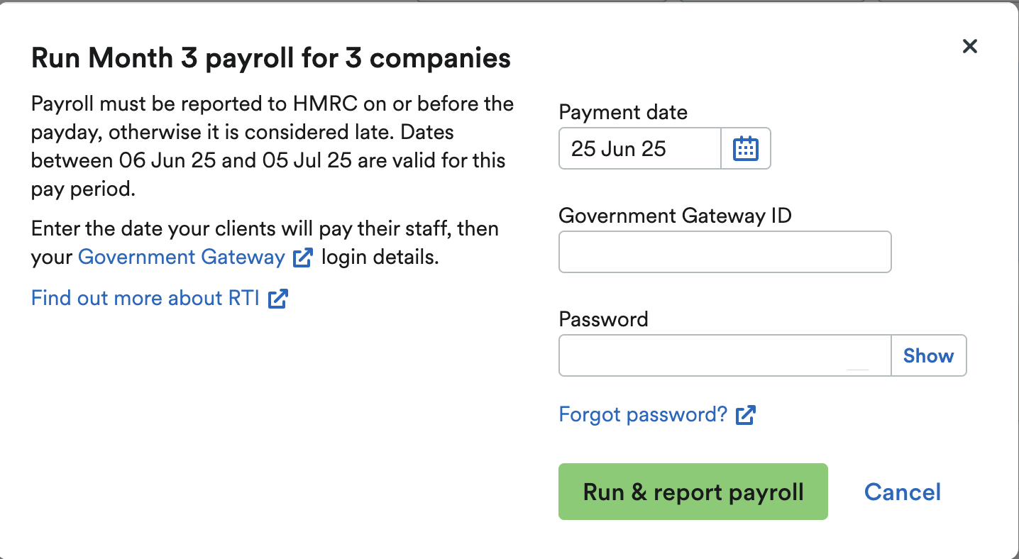 Run payroll window with button to ‘Run and report payroll’.