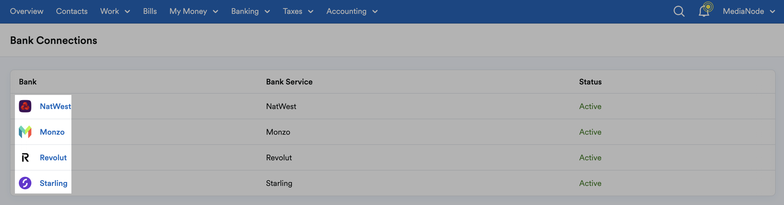 Bank Connections section showing active bank feeds