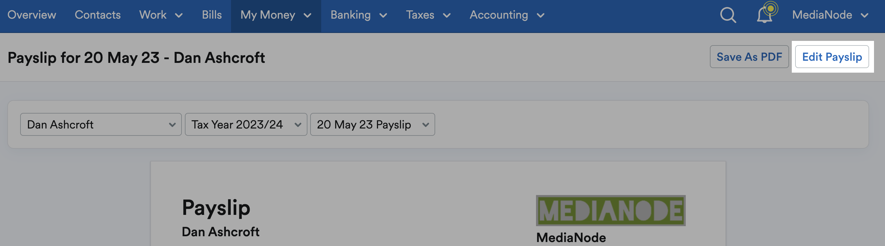 'Edit Payslip' button highlighted above payslip.