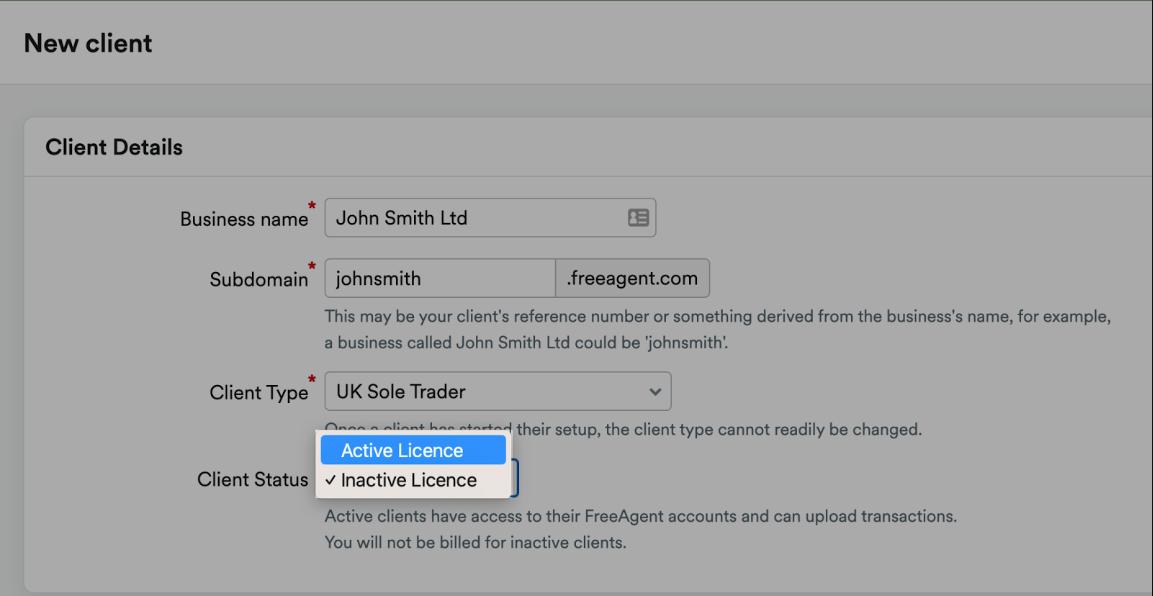 Drop down menu to select either 'Active License' or 'Inactive License'.