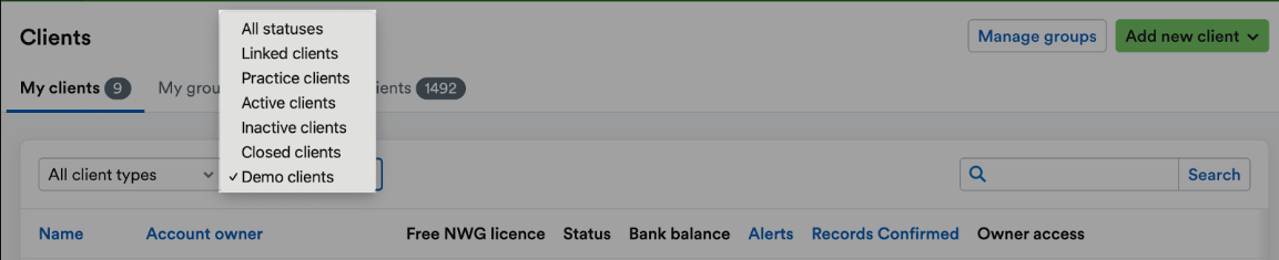 Drop down menu of client statuses.