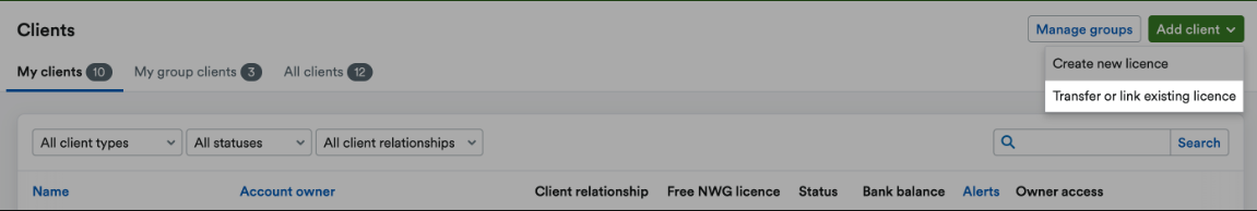 'Transfer or link existing licence' button highlighted on 'Add client' drop down menu.