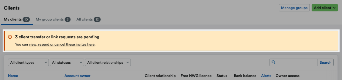 Banner saying how many client transfer or link requests are pending.