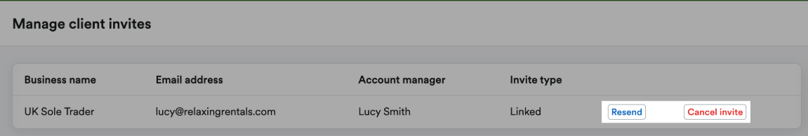 'Resend' and 'Cancel invite' buttons highlighted.