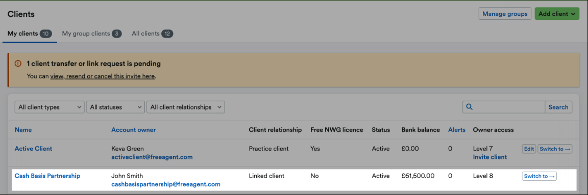 Client listed as a Linked client.