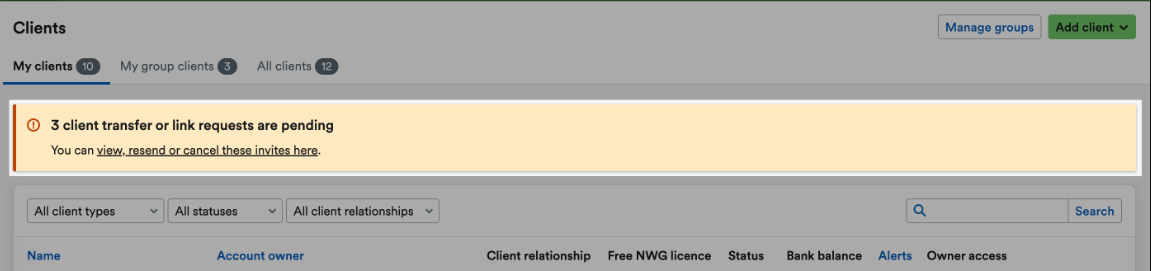 Banner saying how many client transfer or link requests are pending.