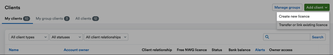 'Create new licence' button highlighted on 'Add client' drop down menu.