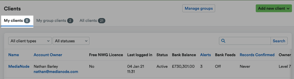 My clients tab highlighted