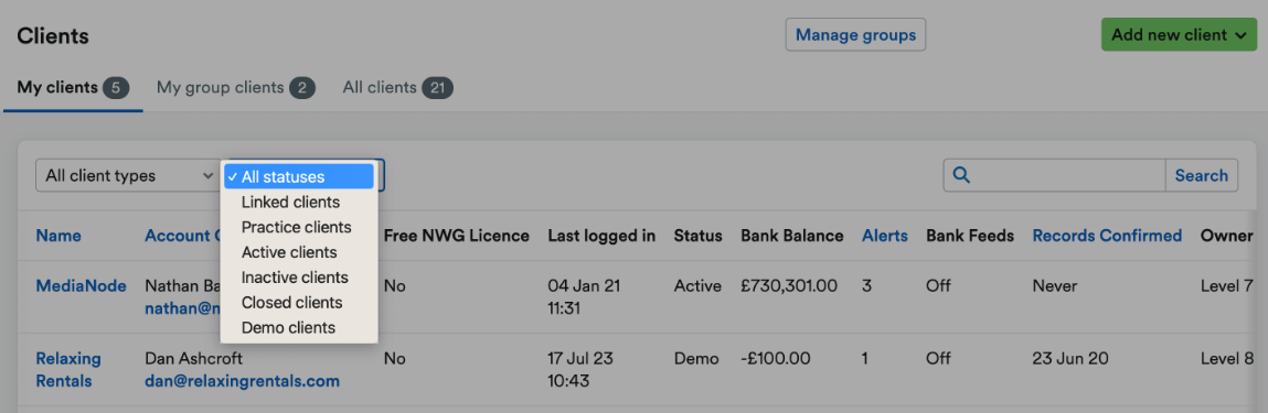 Filter by client status