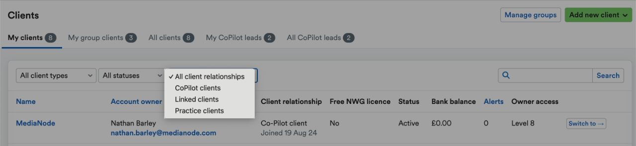 Filter by client relationship