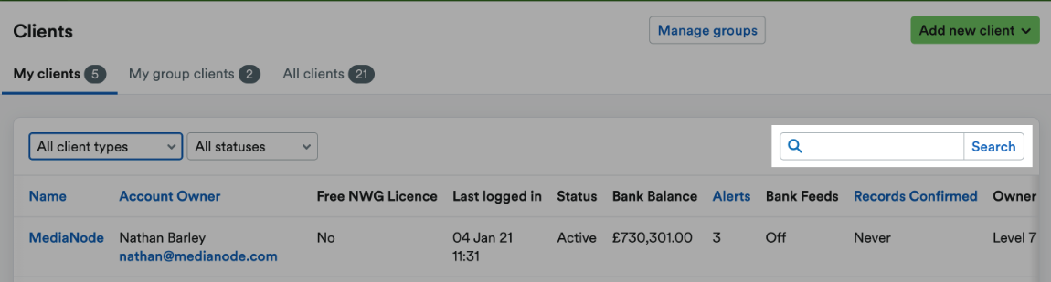 Filter by client info using the search box