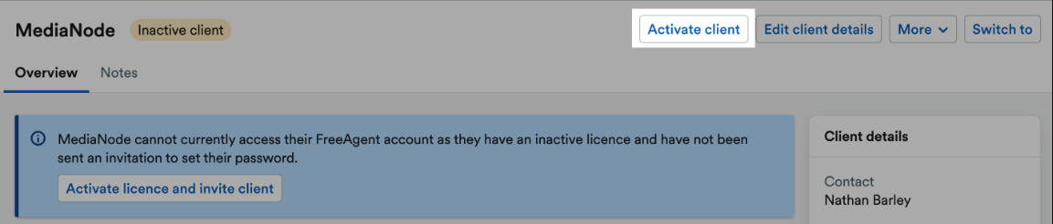 Activate client button highlighted