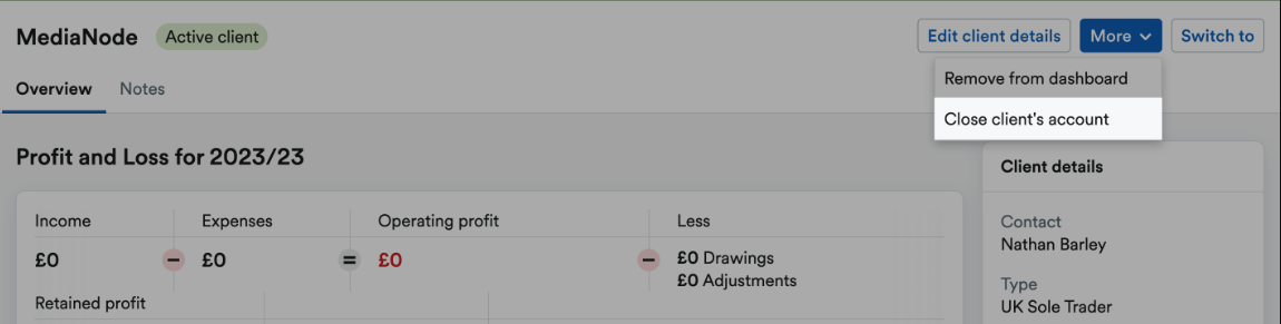 Close clients account option highlighted within More drop-down menu
