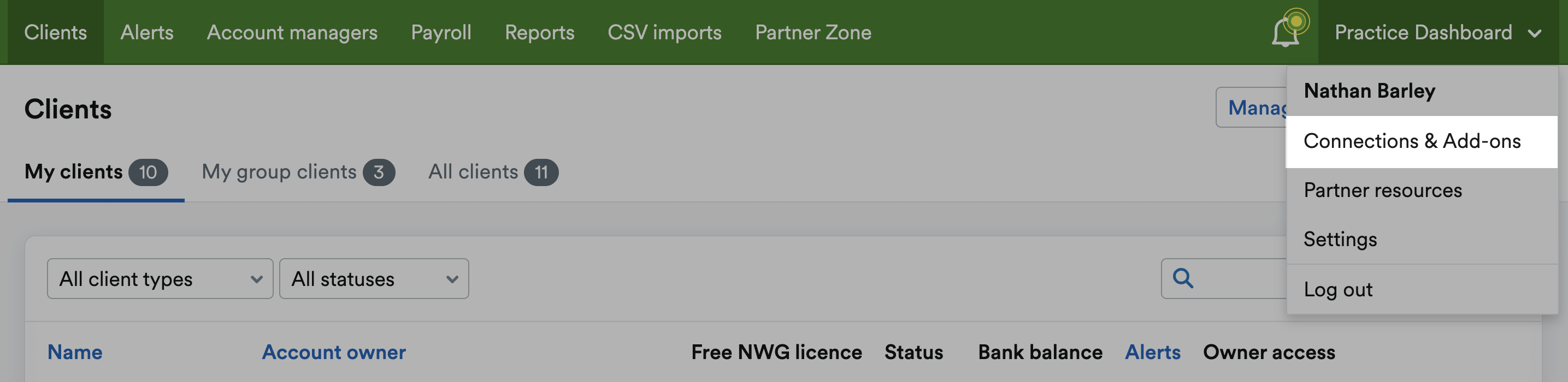 Connections & Add-ons highlighted within drop-down menu