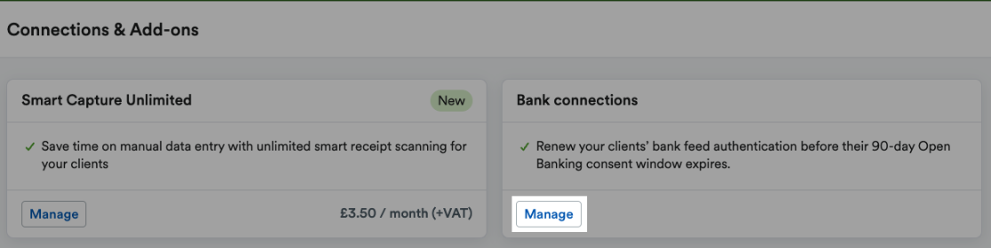 Manage button highlighted within the Bank connections section of Connections & Add-ons area
