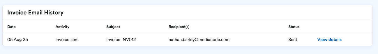 Invoice Email History with 'View details' button next to it.