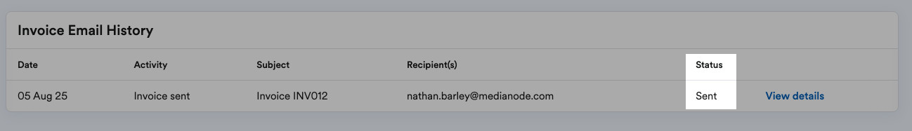 Invoice email status showing as sent.