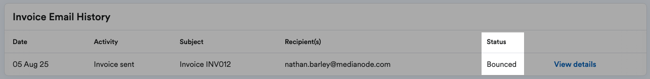 Invoice email status showing as bounced.