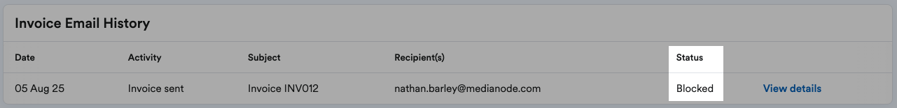 Invoice email status showing as blocked.