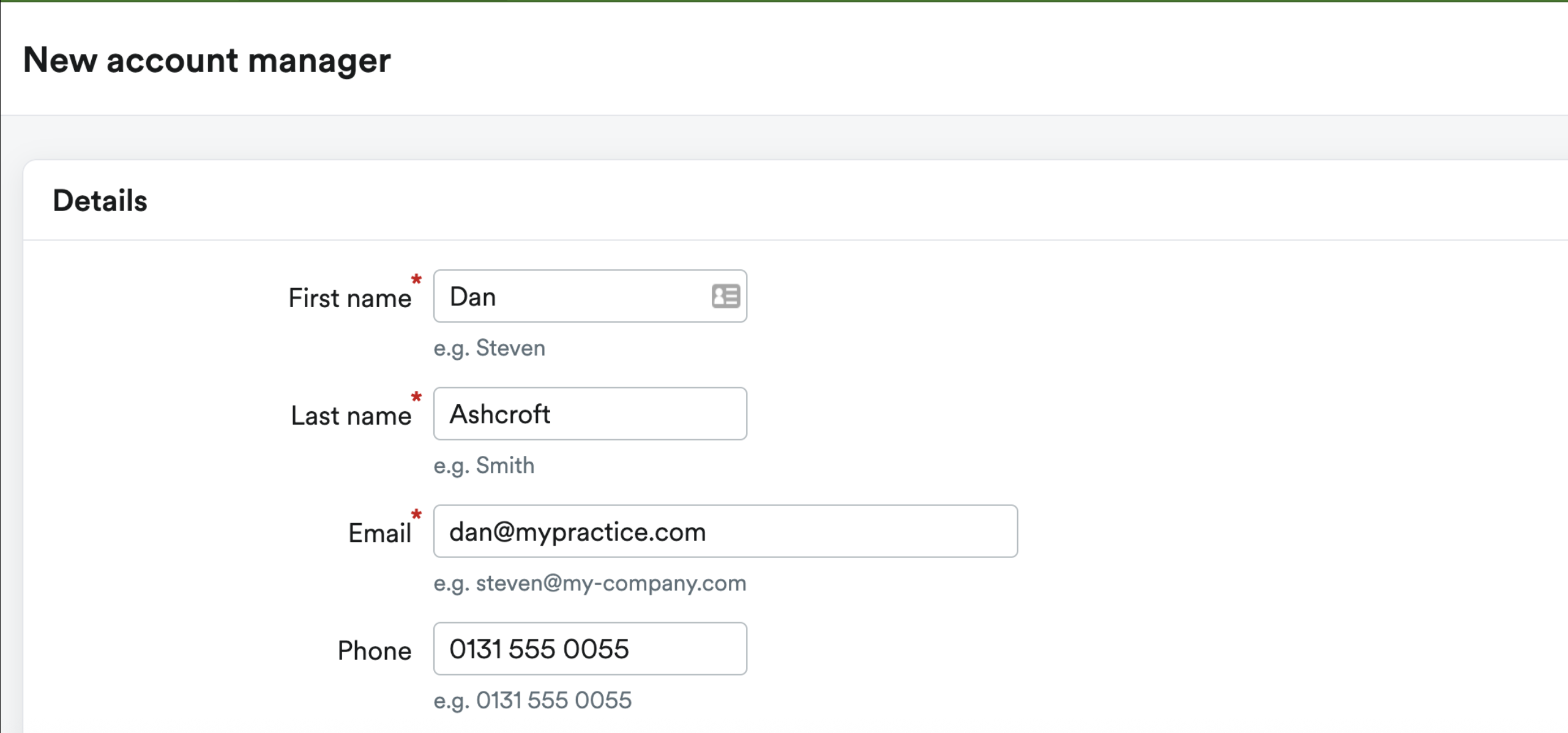 New account manager details section