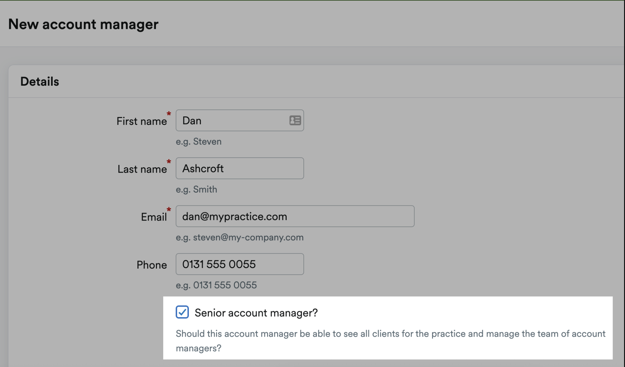 Checkbox to make the account manager a senior account manager highlighted