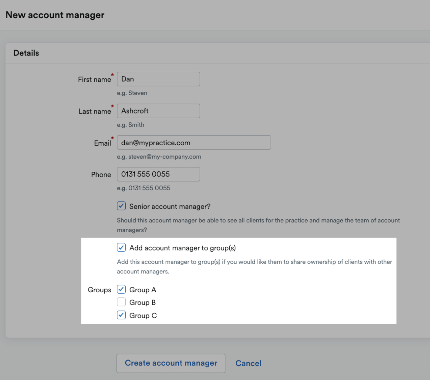 Account manager groups details highlighted