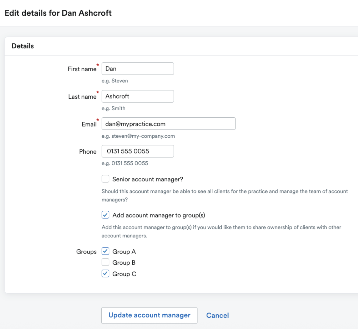 Account manager's details section