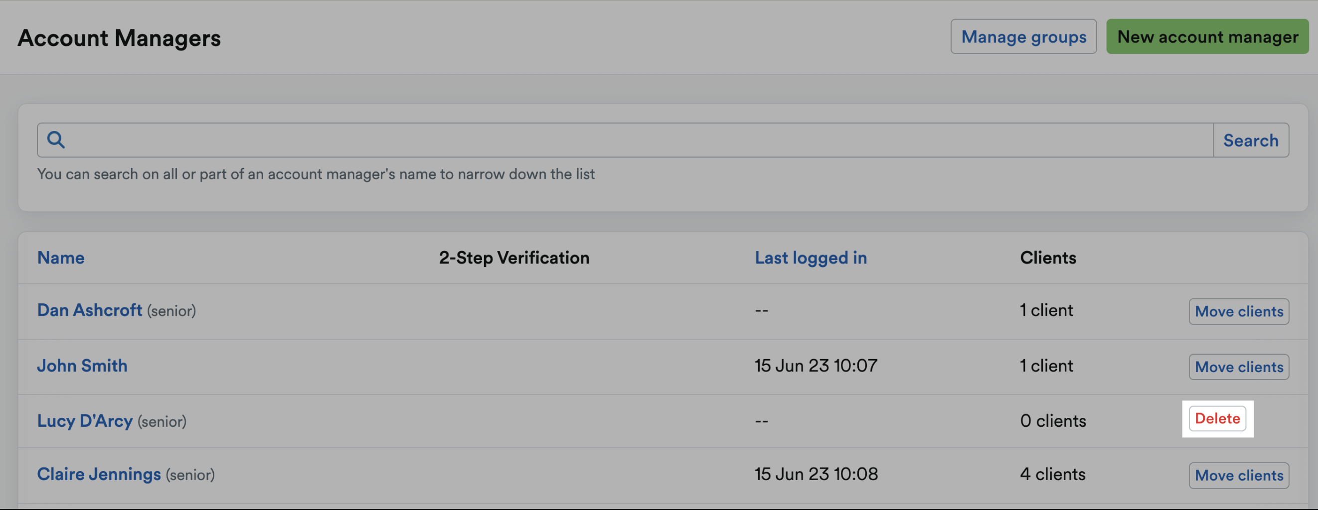 Delete button next to an account manager highlighted