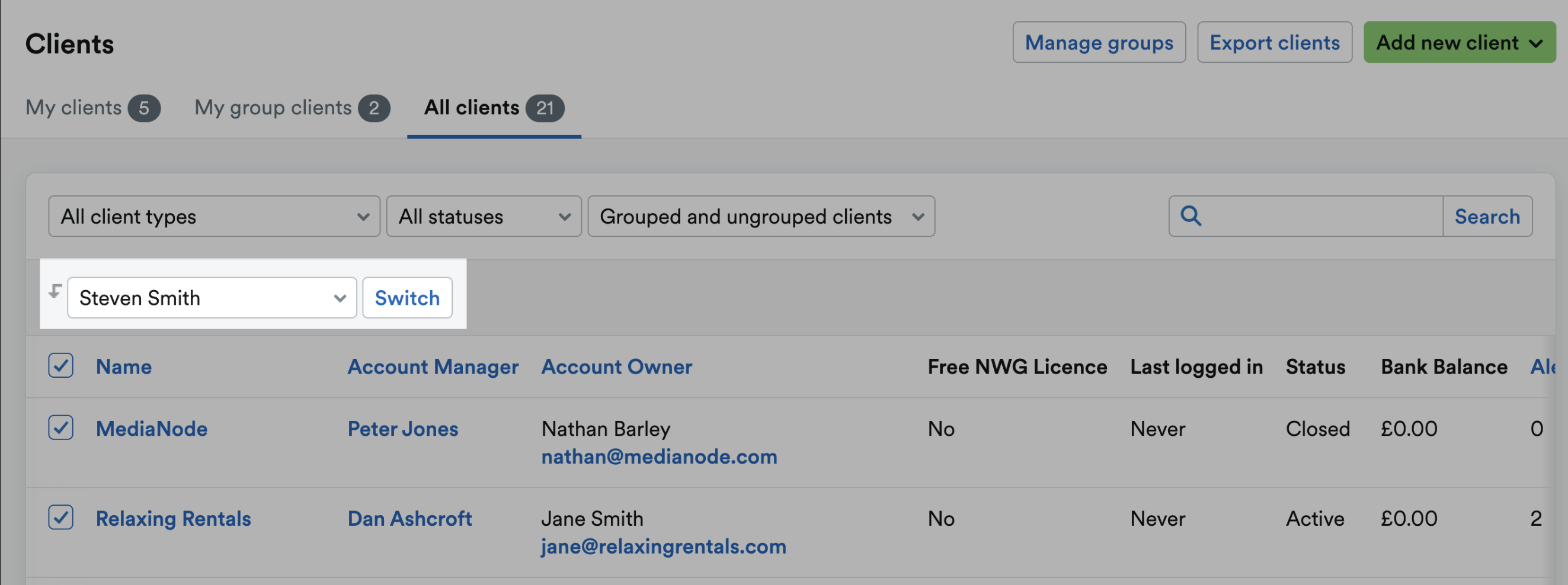 Account manager selection highlightedAccount manager selection highlighted