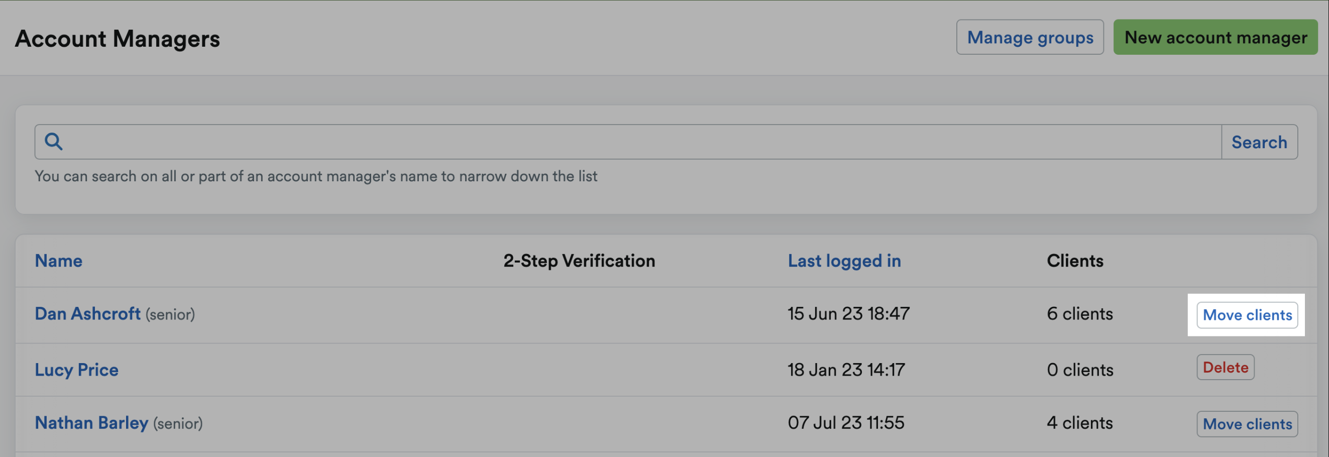 Move clients button highlighted
