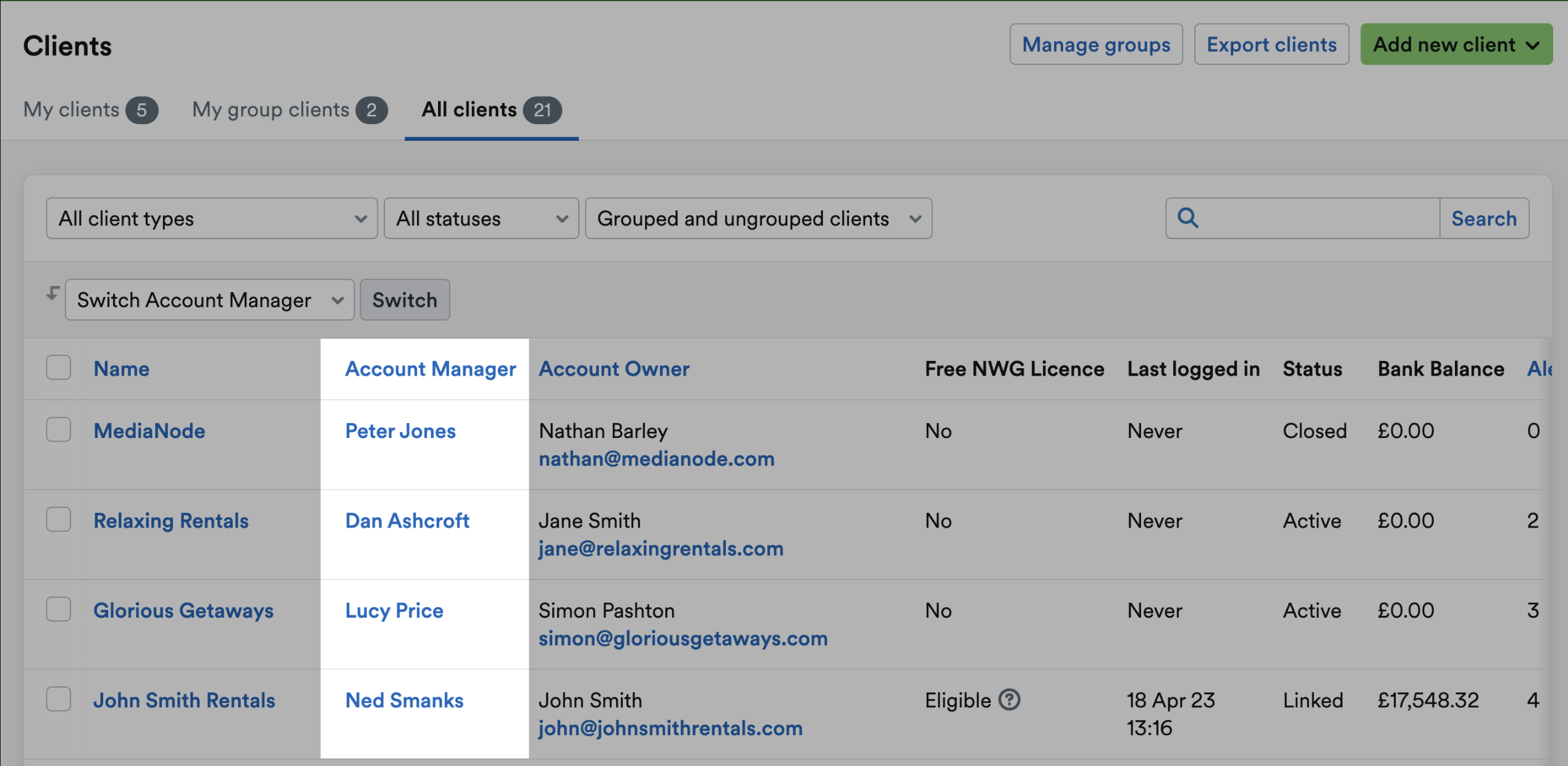 List of account managers highlighted