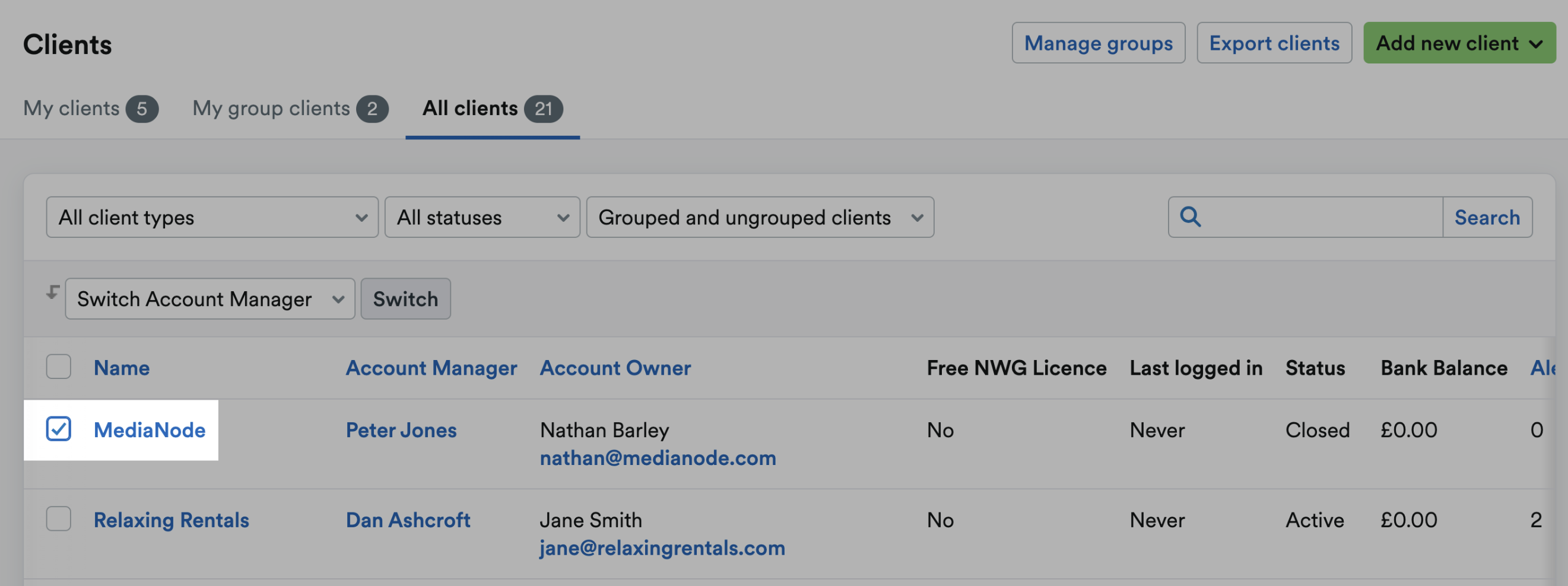 Checkbox next to client ticked and highlighted