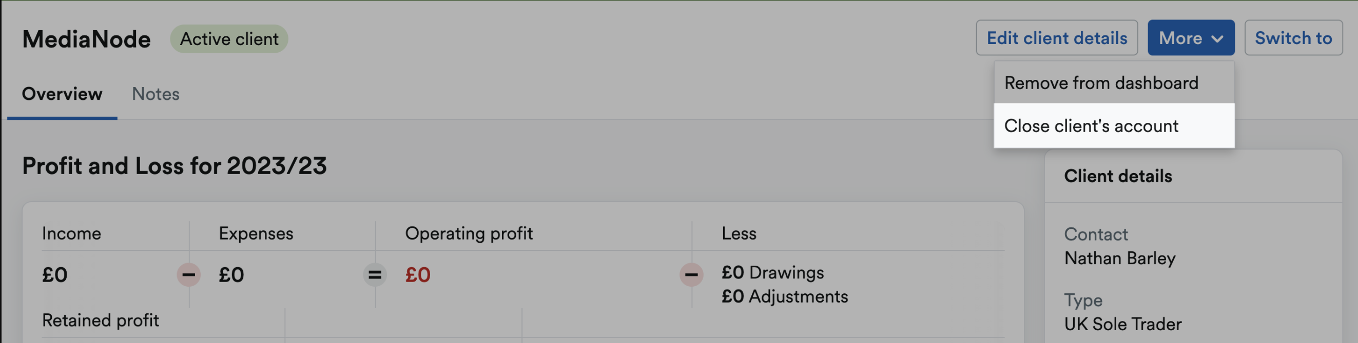 Client page with close client's account option highlighted within More drop-down menu