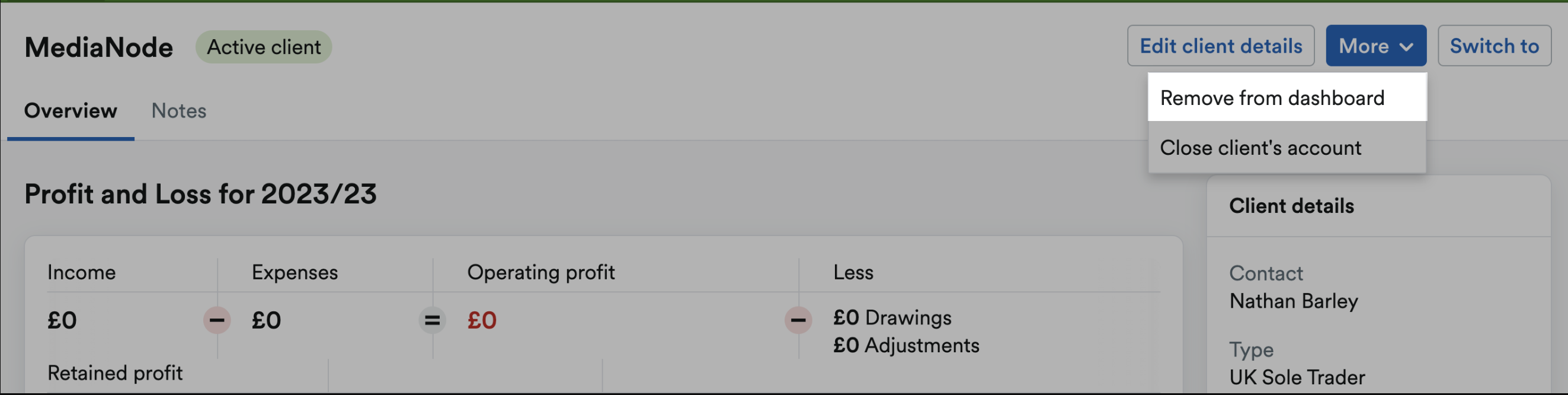 Client page with remove from dashboard option highlighted within More drop-down menu