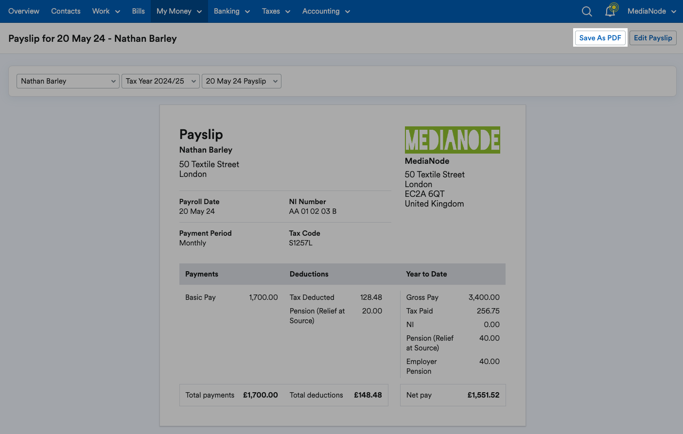 'Save As PDF' button highlighted above the payslip.
