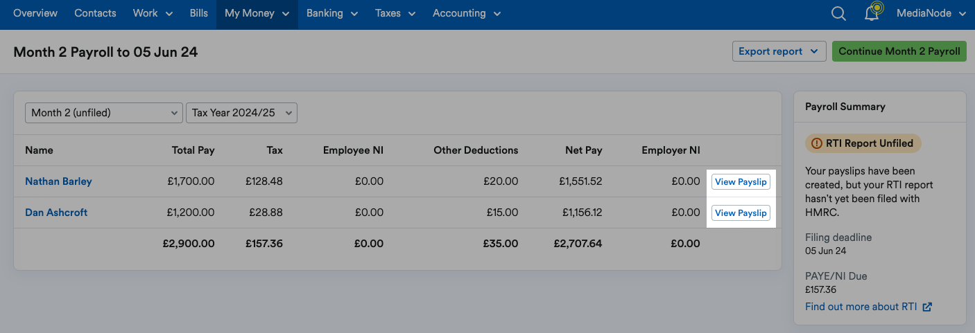 'View Payslip' buttons highlighted next to employee listings.