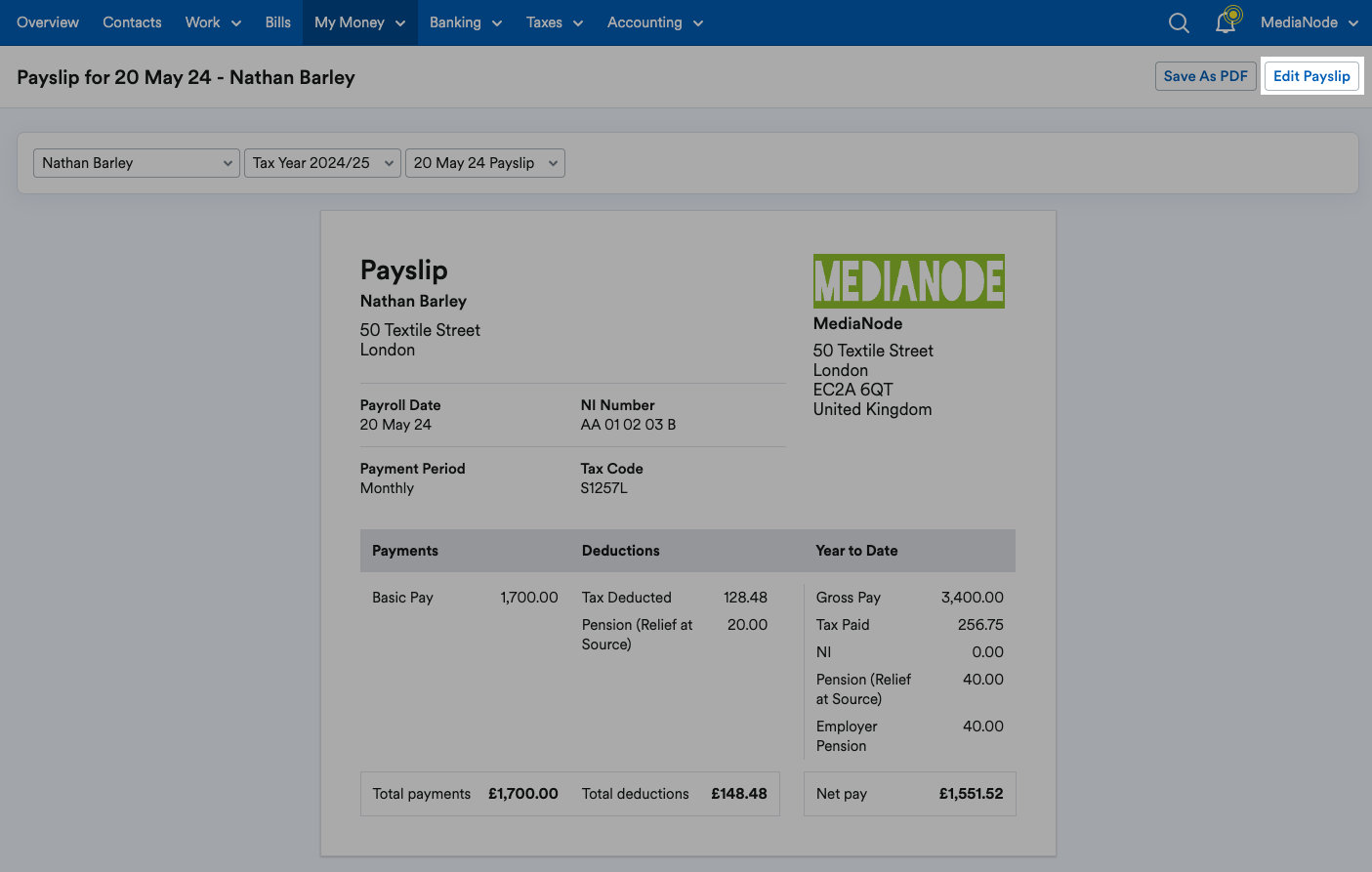 'Edit Payslip' button highlighted at the top of the payslip.