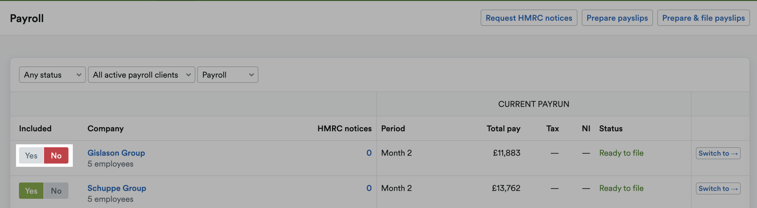 Toggle for including a company on Payroll set to ‘No’.