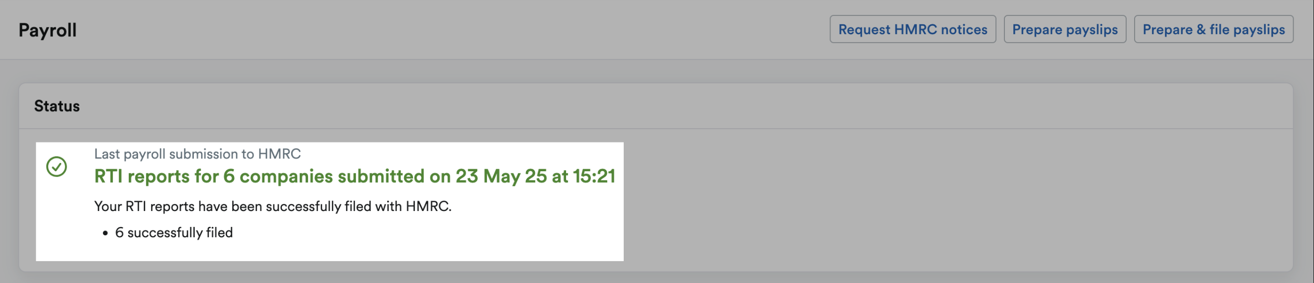 Status showing that RTI reports for companies have been submitted.